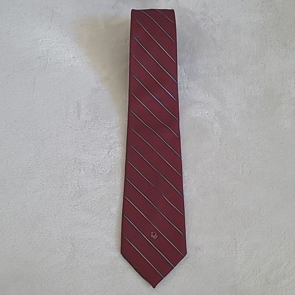 Vintage Christian Dior Men's Necktie Red Navy White Regimental Stripe Short Tie - Picture 2 of 16
